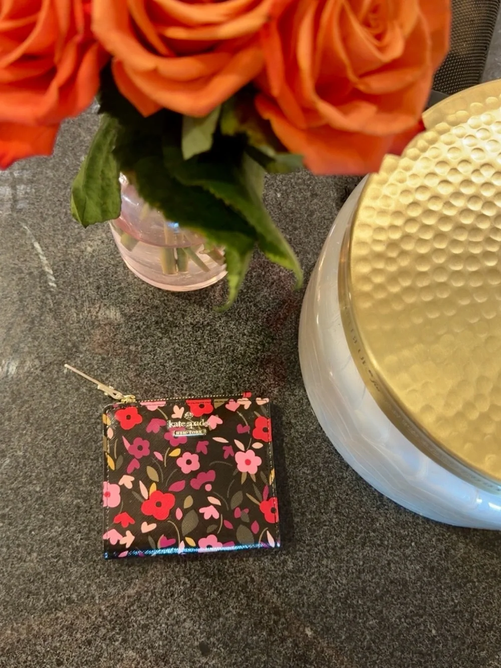 Kate Spade Floral Zip Card Holder in Black with Pink & Red Accents